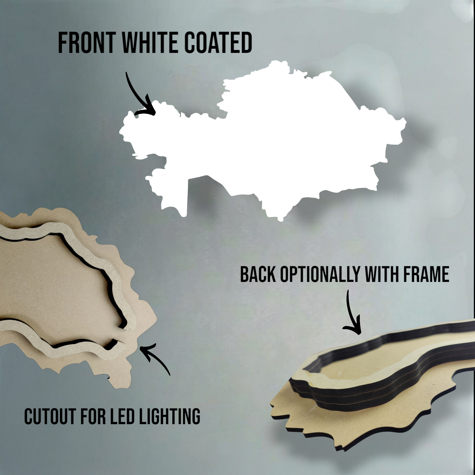 Handgefertigtes MDF Artboard in der Form von Kasachstan mit wasserfester Oberfläche. Optimal für Resin Art, Alkoholink und Acrylfarben. Strukturierte Beschichtung verhindert das Verlaufen der Farben und sorgt für brillante Kunstwerke. 60 cm Breite.