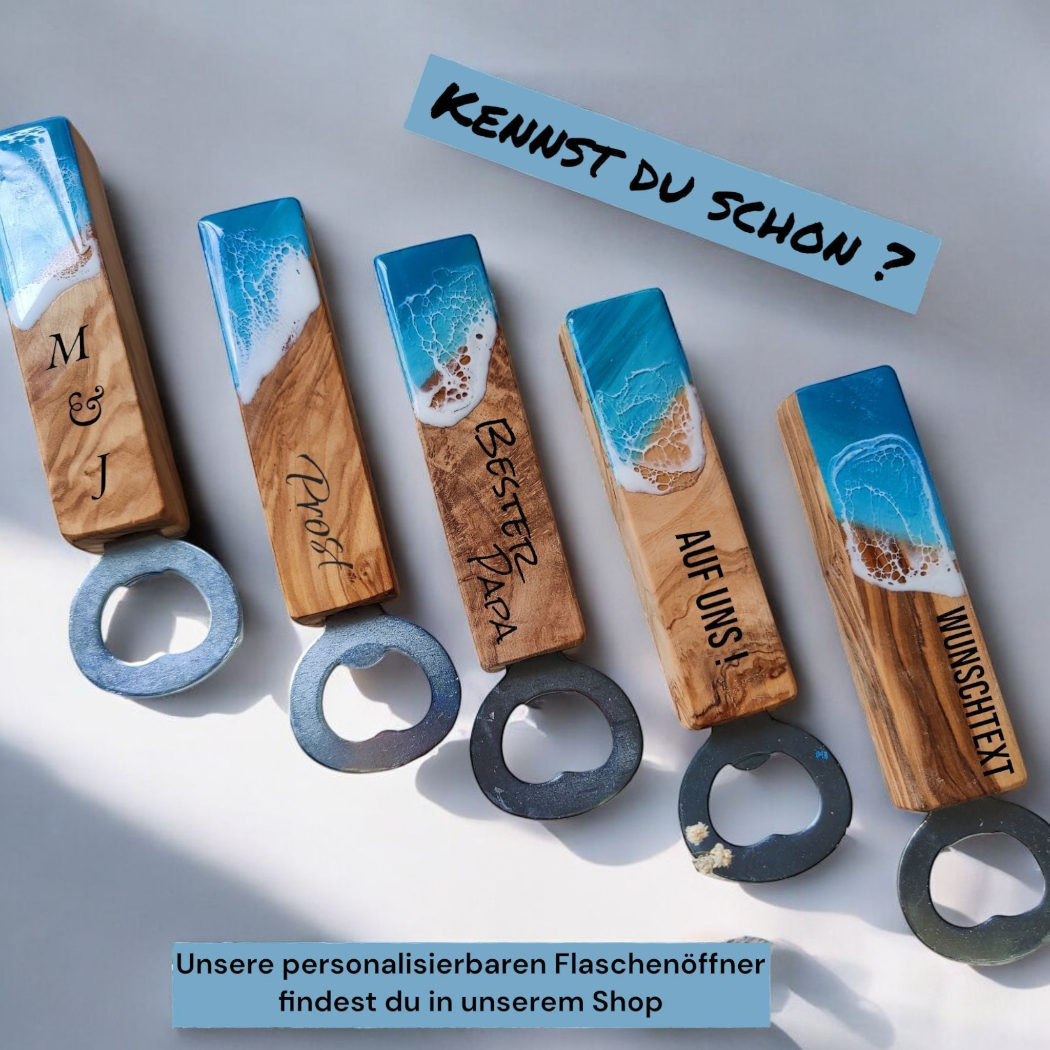 Olivenholzbrett mit rustikalem Rand und Meeres Design aus Resin