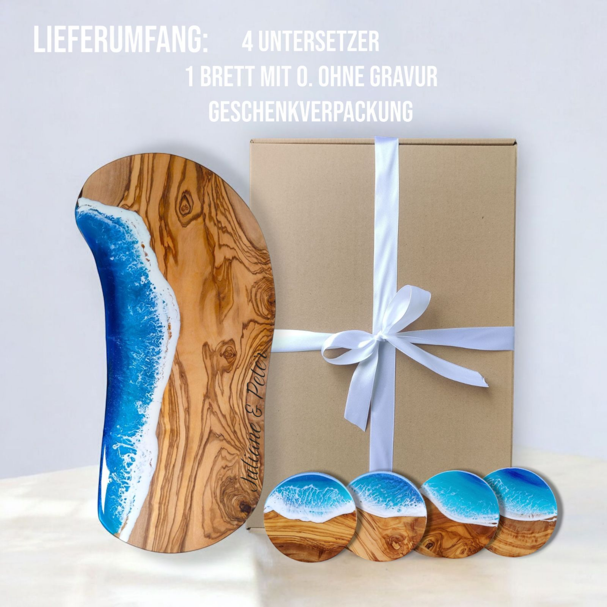 Geschenk Set Bundle Olivenholzbrett + Olivenholzuntersetzer im Meeresdesign