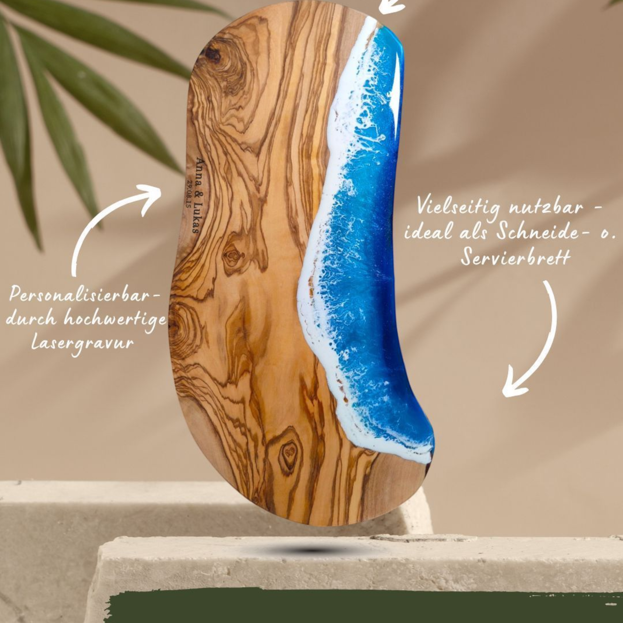 Geschenk Set Bundle Olivenholzbrett + Olivenholzuntersetzer im Meeresdesign