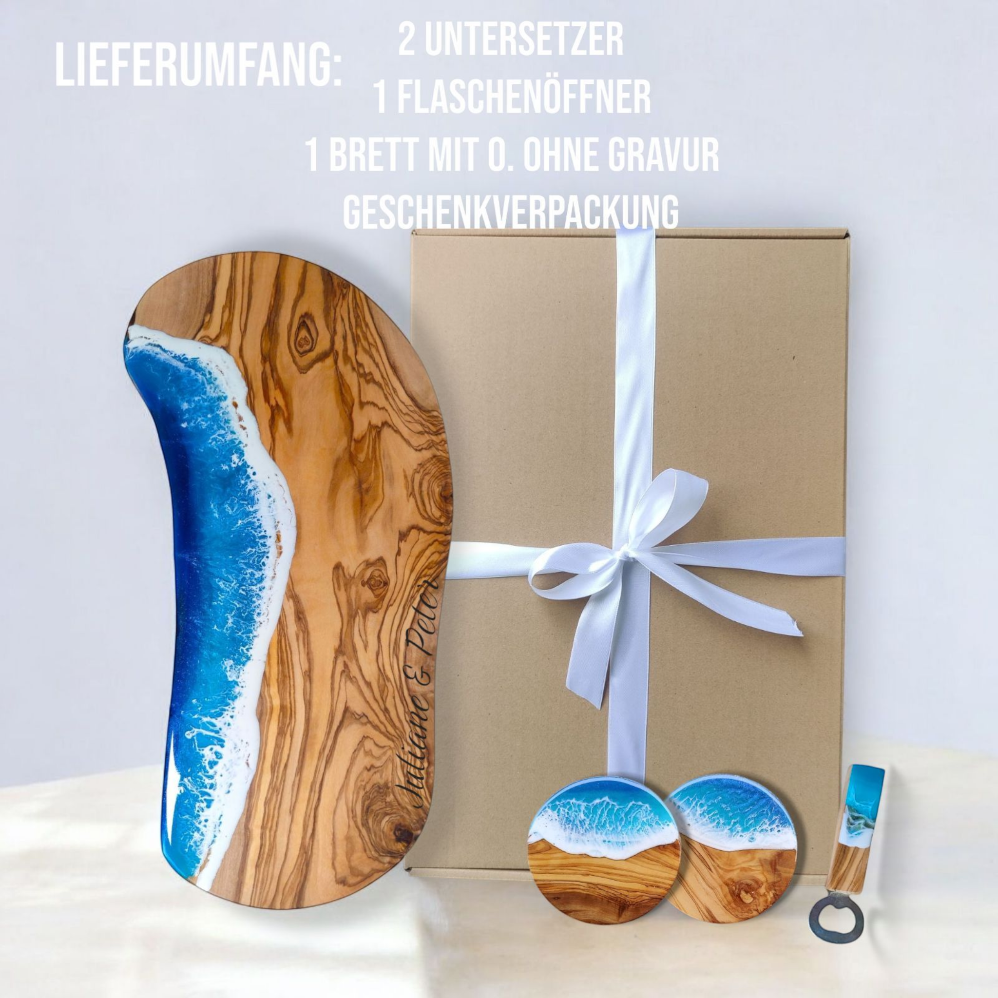 Geschenk Set Bundle Olivenholzbrett + Olivenholzuntersetzer im Meeresdesign
