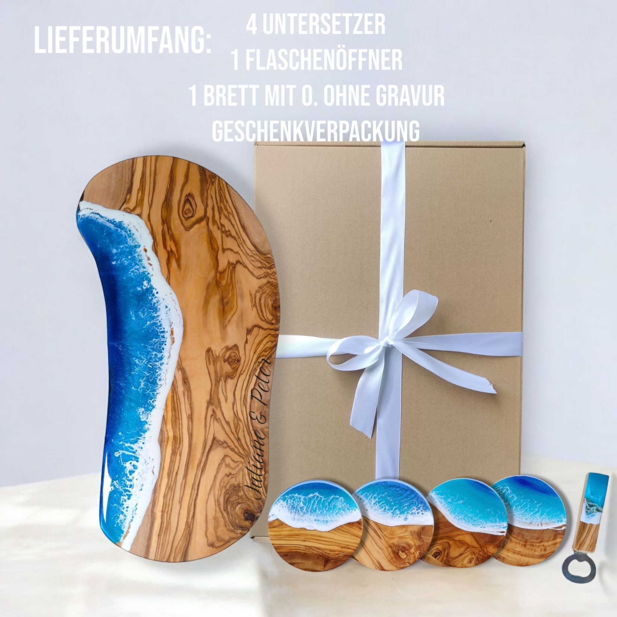 Geschenk Set Bundle Olivenholzbrett + Olivenholzuntersetzer im Meeresdesign