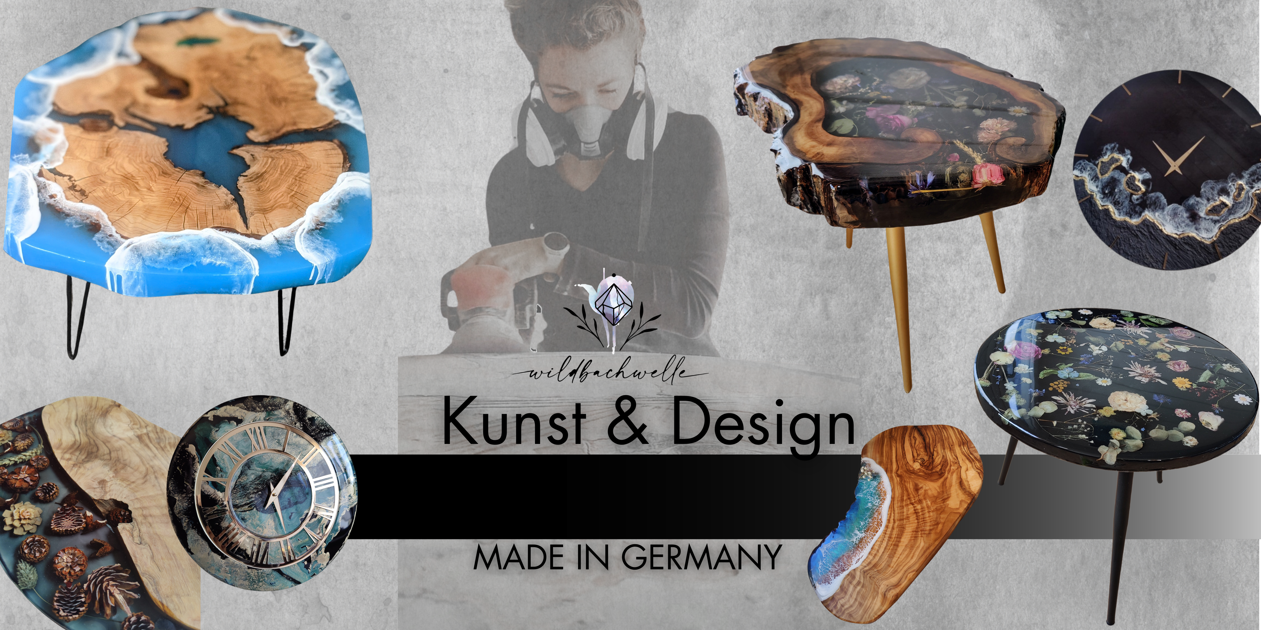 Collage der Wildbachwelle Kollektion: Epoxidharz-Tische, Uhren und Designs – ideal für Hotels, Restaurants, Innenausstatter, Firmengeschenke und Brautstraußkonservierung.