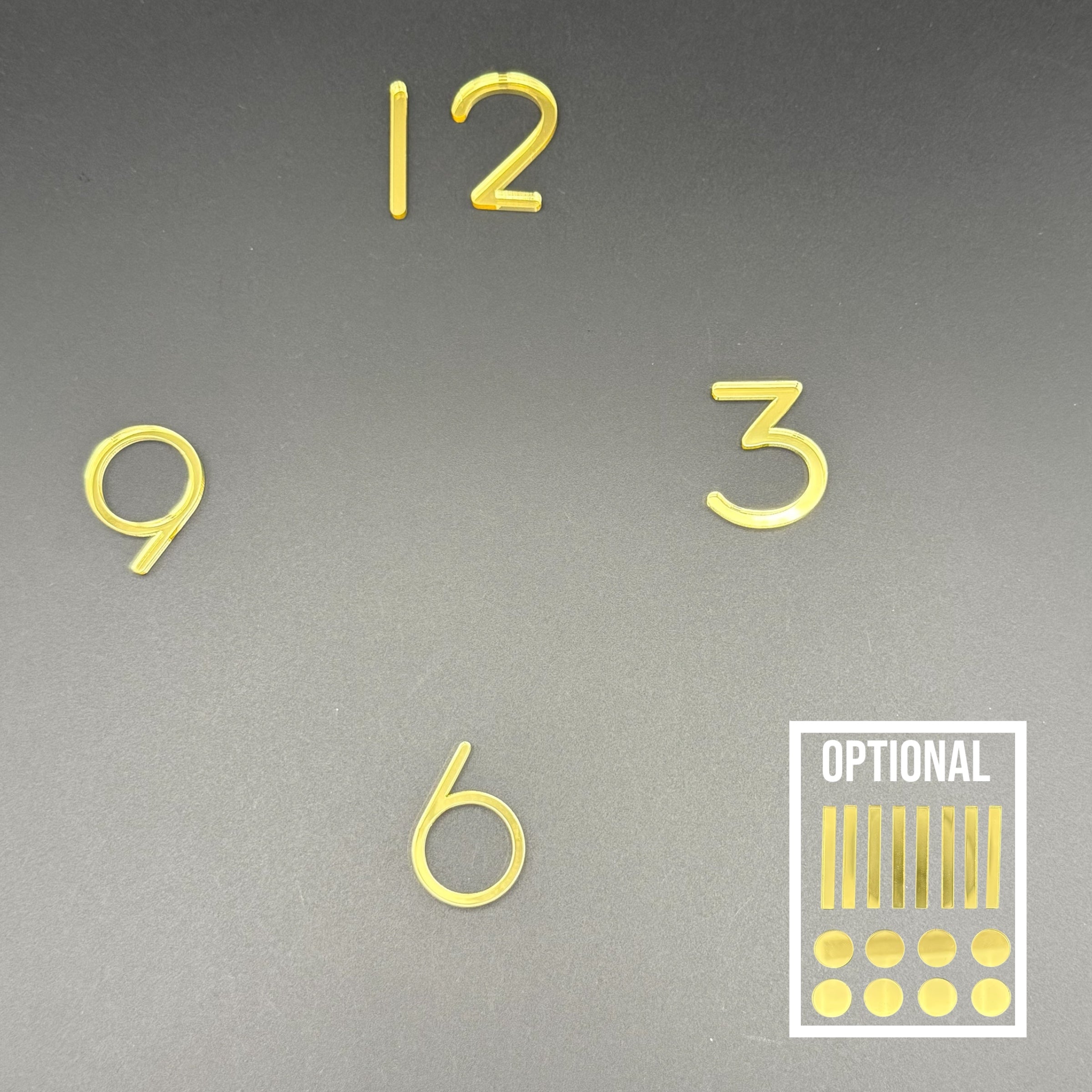 DIY Uhrzahlen 3 6 9 12 aus Spiegelacryl | Goldene Ziffern mit optionalen Punkten oder Strichen | Ideal für moderne Wanduhren und Bastelprojekte