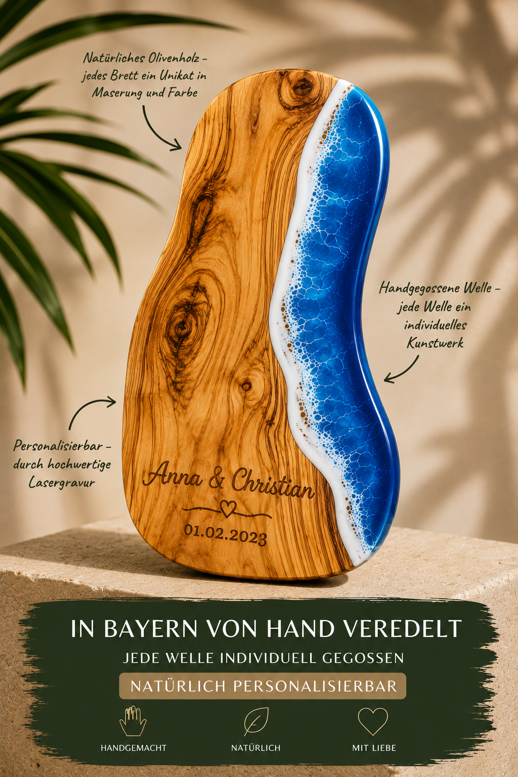Olivenholz-Schneidebrett mit blauer Welle und individueller Gravur