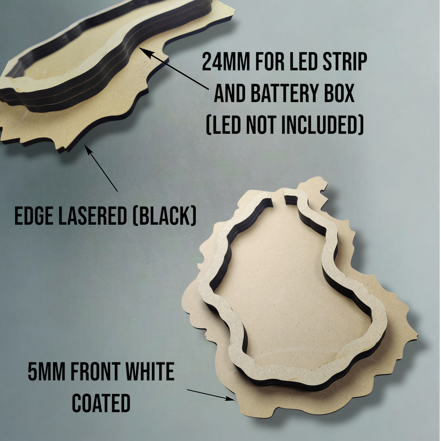 Hochwertiges MDF-Board mit Rahmen für LED-Streifen und Batteriebox.