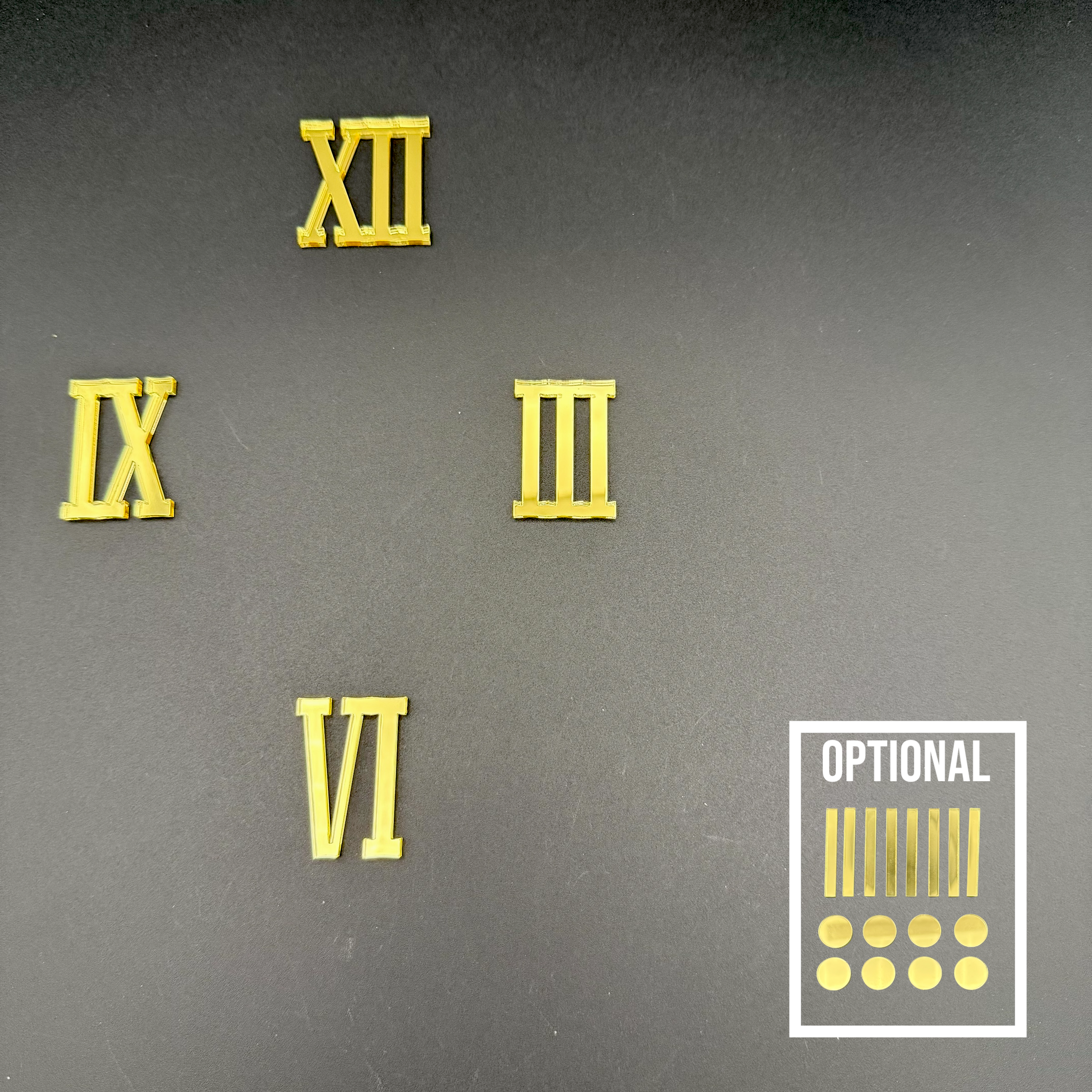 Zahlen für Uhrenherstellung aus Spiegelacryl – SHADOW – Zahlen III VI IX XII – Römische Ziffern – optional mit Strichen