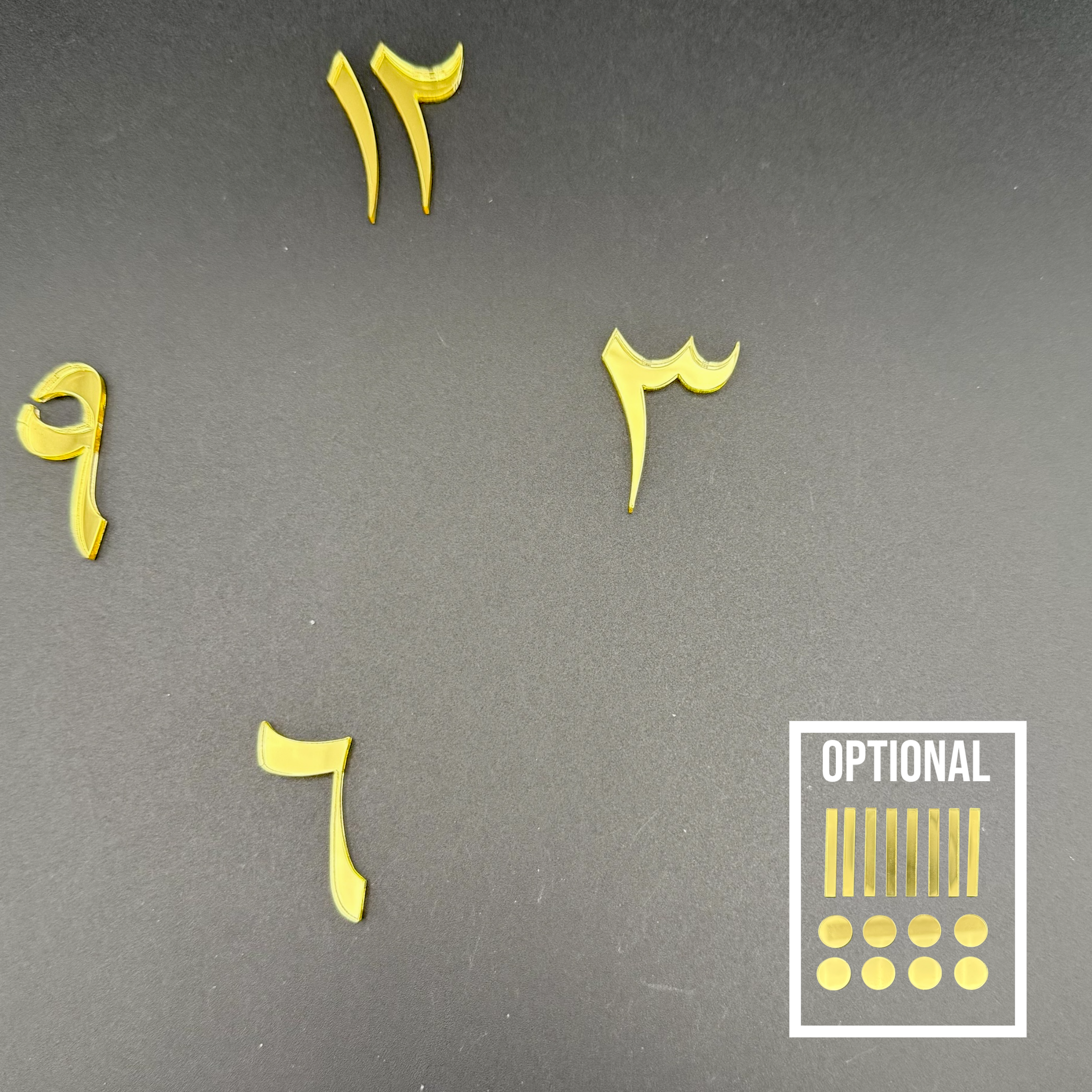 Zahlen für Uhrenherstellung aus Spiegelacryl – ORIENTALisch – Zahlen 3 6 9 12 – optional mit Punkten