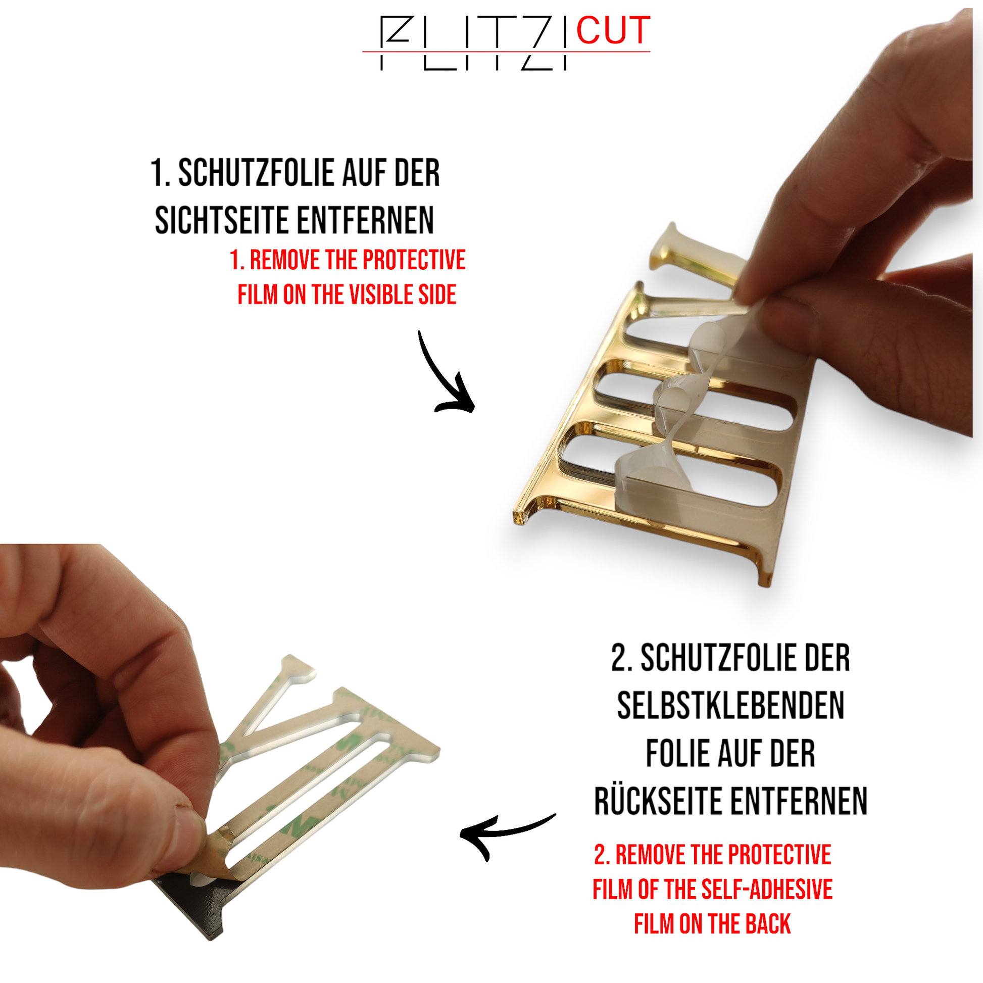 Detailansicht der selbstklebenden römischen Zahlen für Uhrenprojekte, gefertigt aus robustem Spiegelacryl in verschiedenen Farben. abziehen schutzfolie und klebefolie hinten