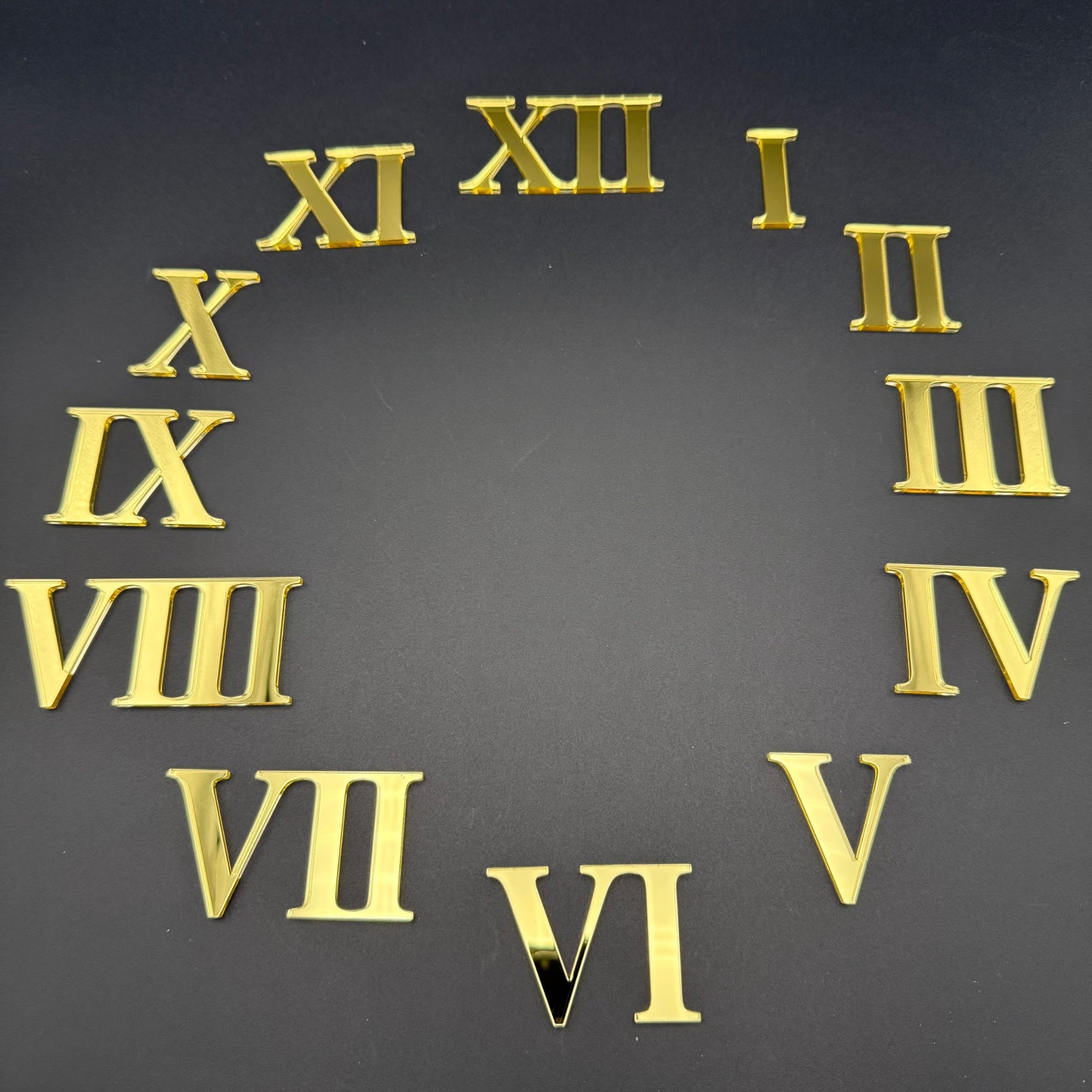 Römische Zahlen I bis XII aus Acryl – CLASSIC LINE Design für DIY Wanduhren | Gold oder Silber mit Spiegeleffekt | Optional selbstklebend