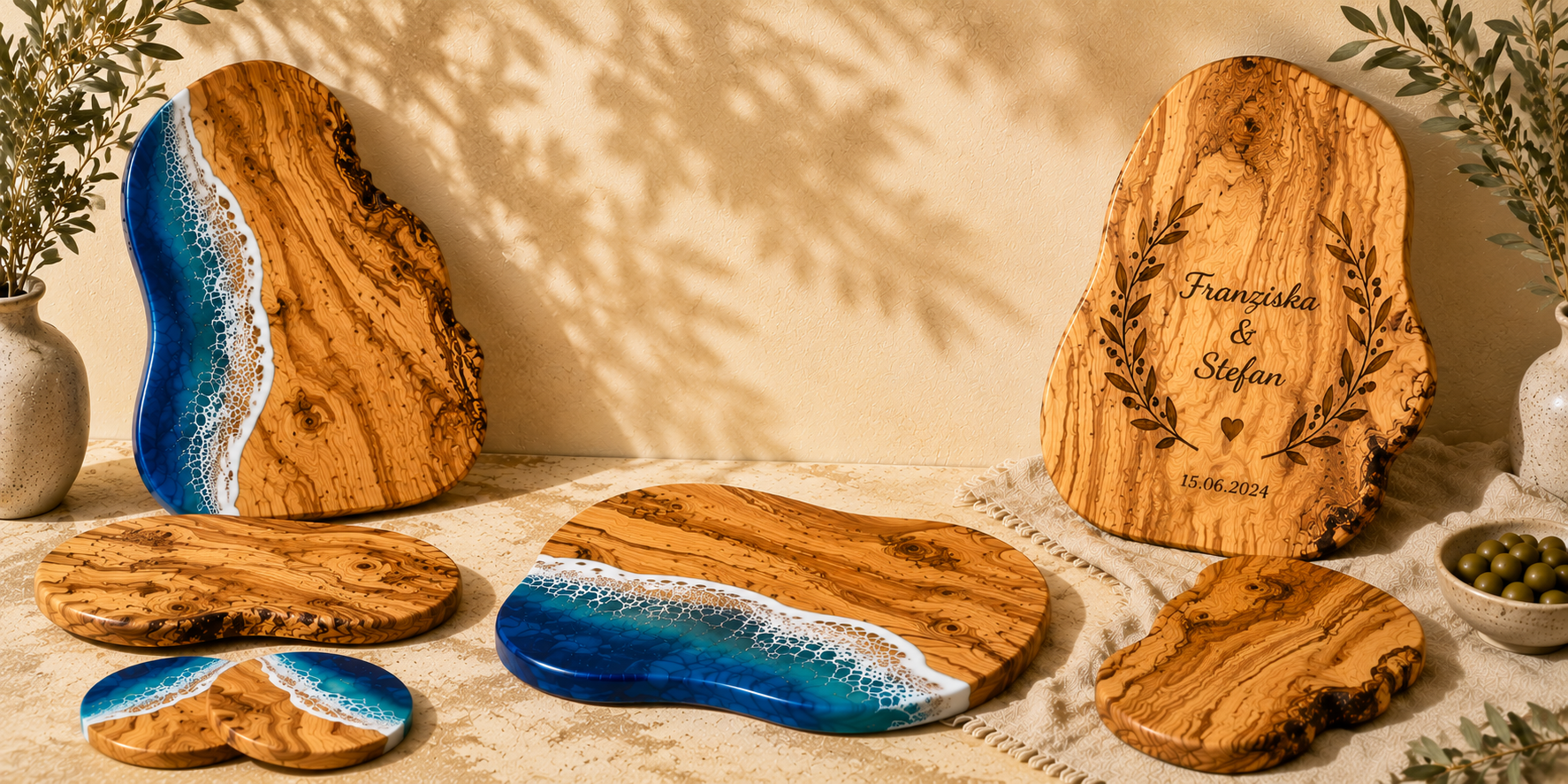 Olivenholz Schneidebretter und Servierbretter mit Resin Welle und personalisierter Gravur